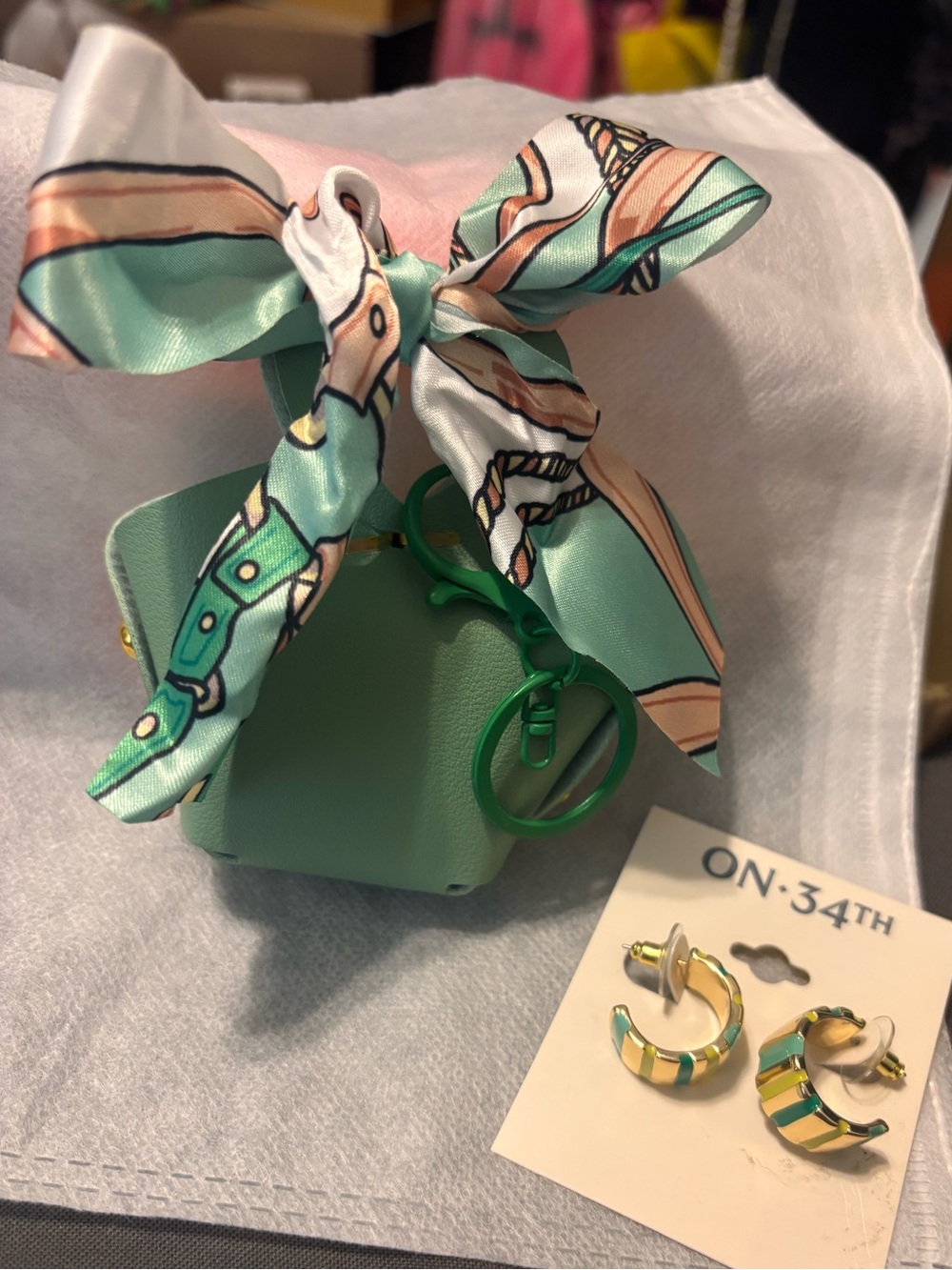 ON·34TH Enamel Earrings & Mint Green Bag Charm with Scarf & Keychain